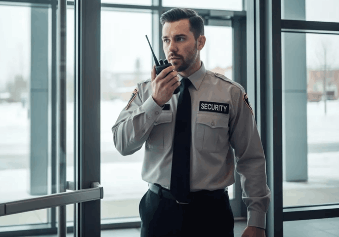 Uniformed security guard providing access control at a residential apartment building entrance in Toronto