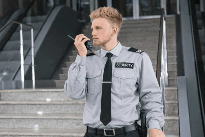 Security guard monitoring access at a commercial office or retail building in Toronto