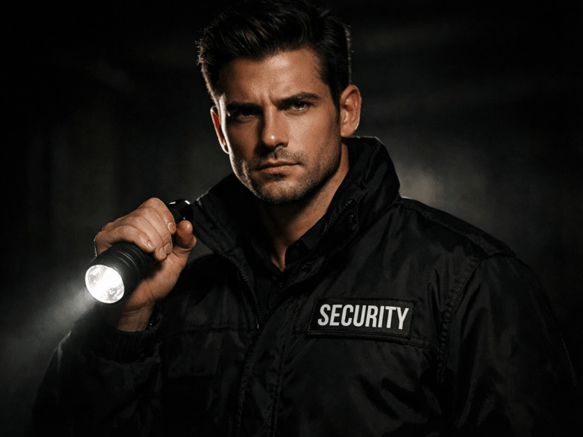 Security guard conducting patrols at an industrial warehouse in Toronto during after-hours operations