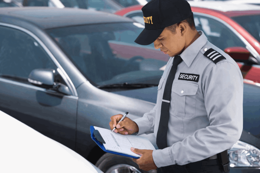 Security guard conducting parking enforcement duties in Toronto while issuing a notice in a parking lot